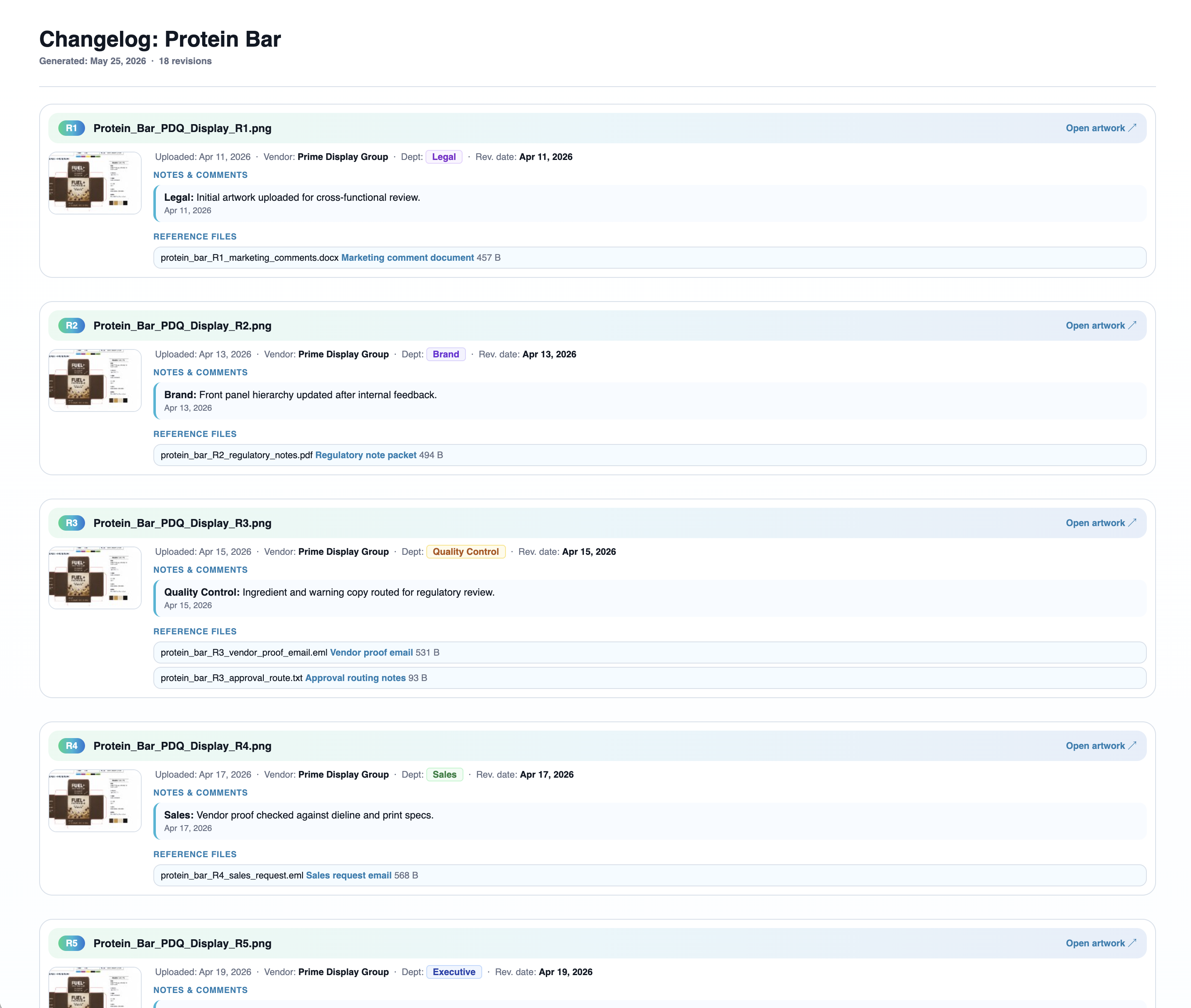 PressPath changelog screenshot showing Protein Bar revision history and reference files