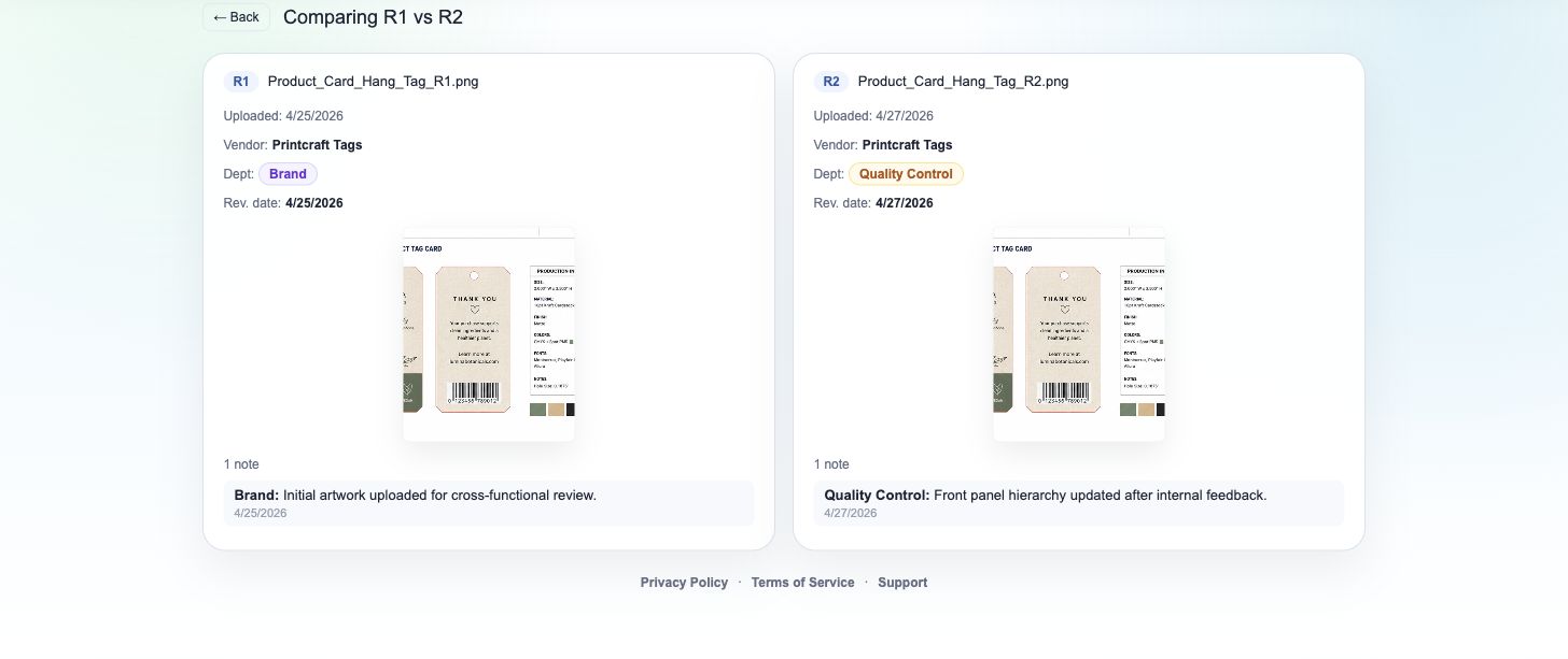 PressPath compare view screenshot showing two artwork revisions side by side