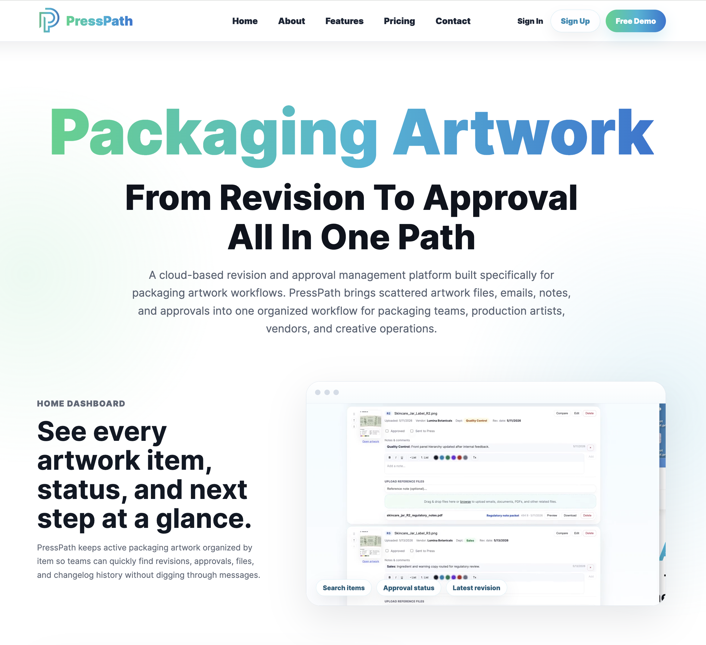 PressPath homepage and dashboard screenshot