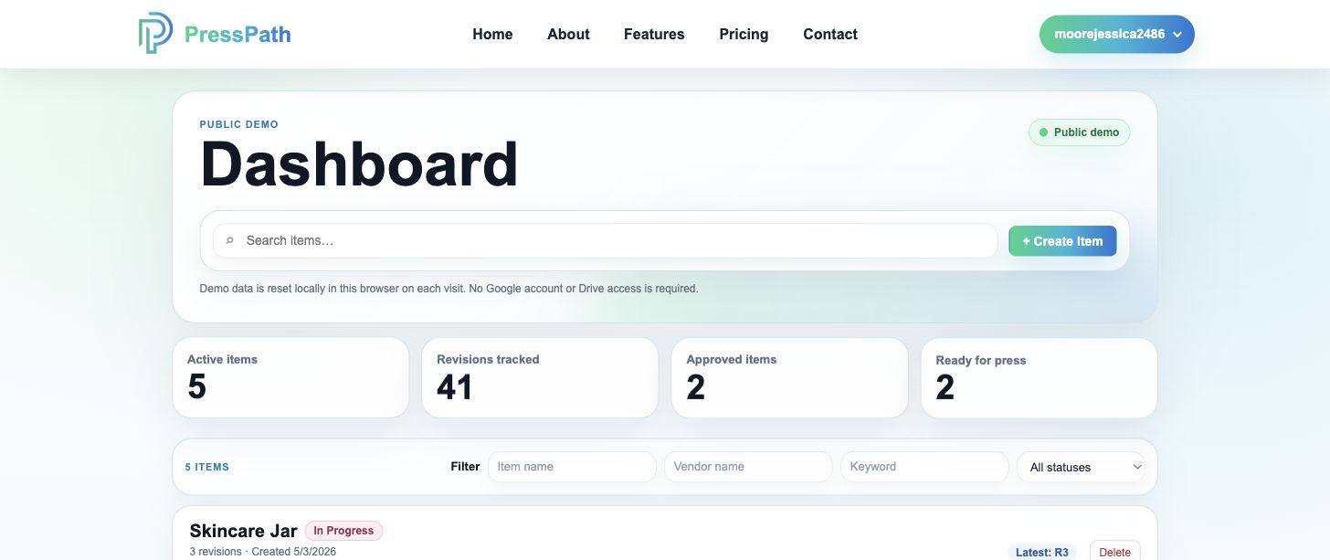 PressPath home dashboard screenshot showing artwork items, statuses, and next steps
