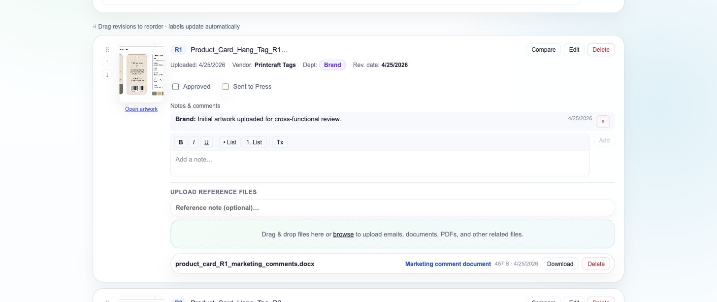 PressPath item page screenshot showing artwork, notes, and reference file uploads