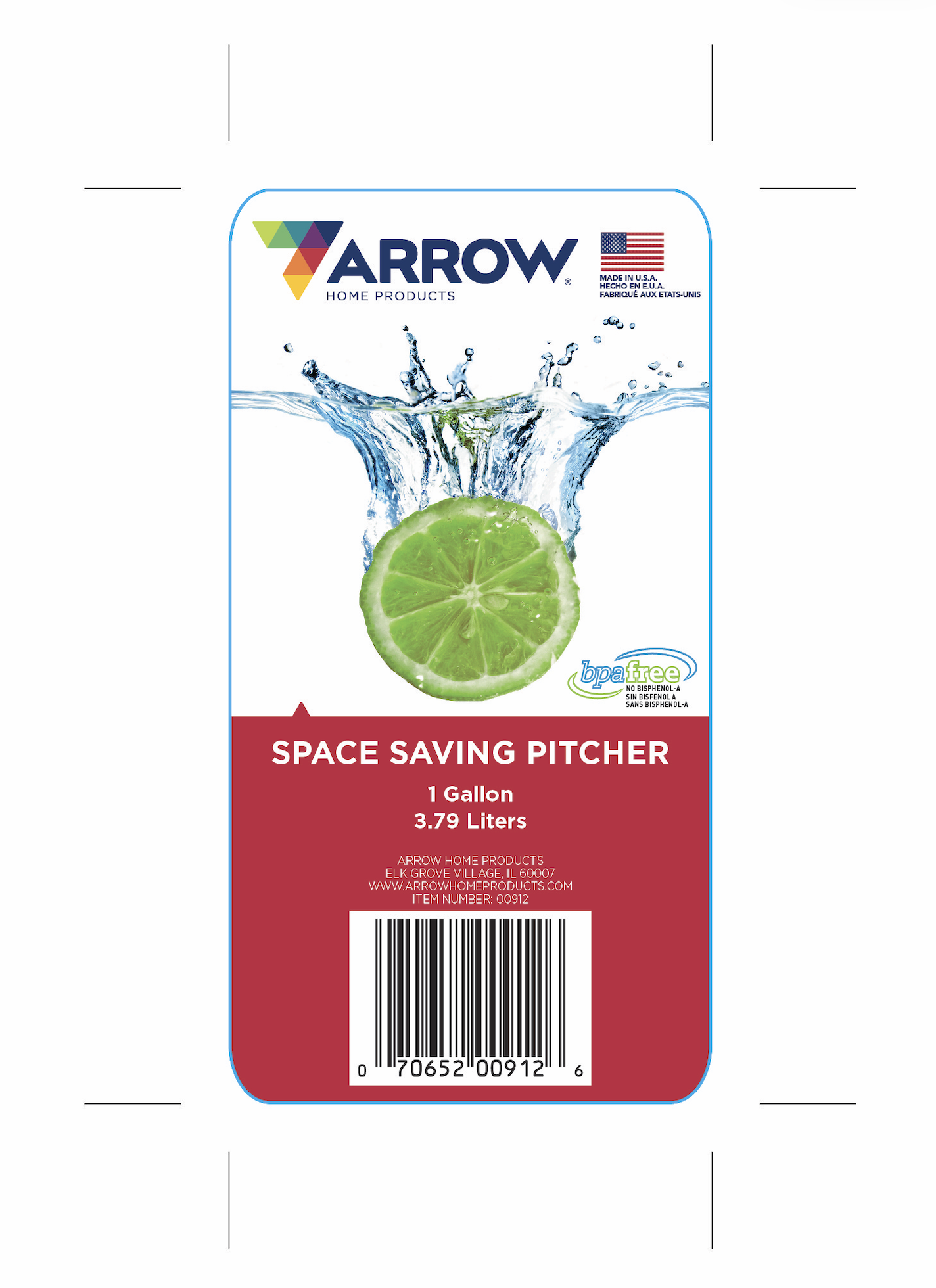 Production artwork hang tag for Arrow space saving pitcher packaging