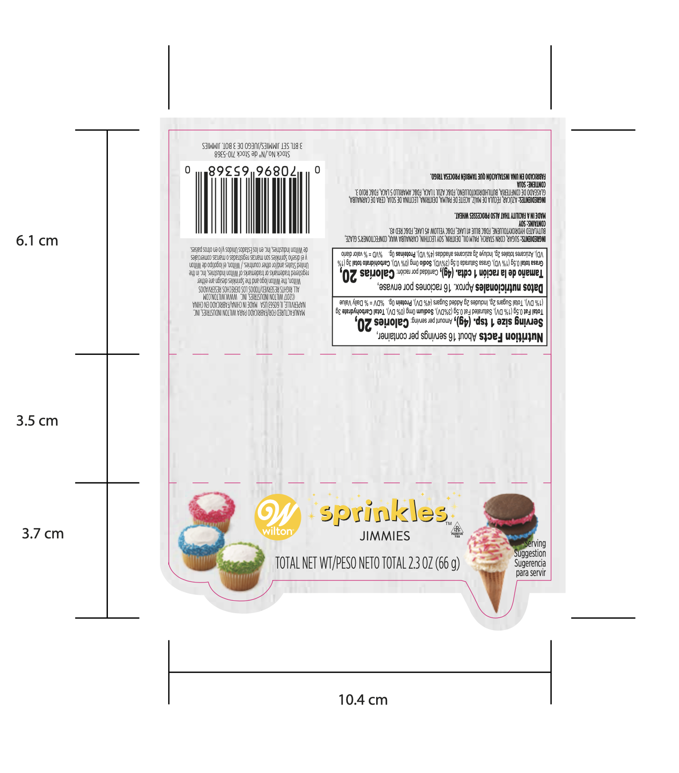 Production artwork dieline for Wilton sprinkles packaging with dimensions and crop marks